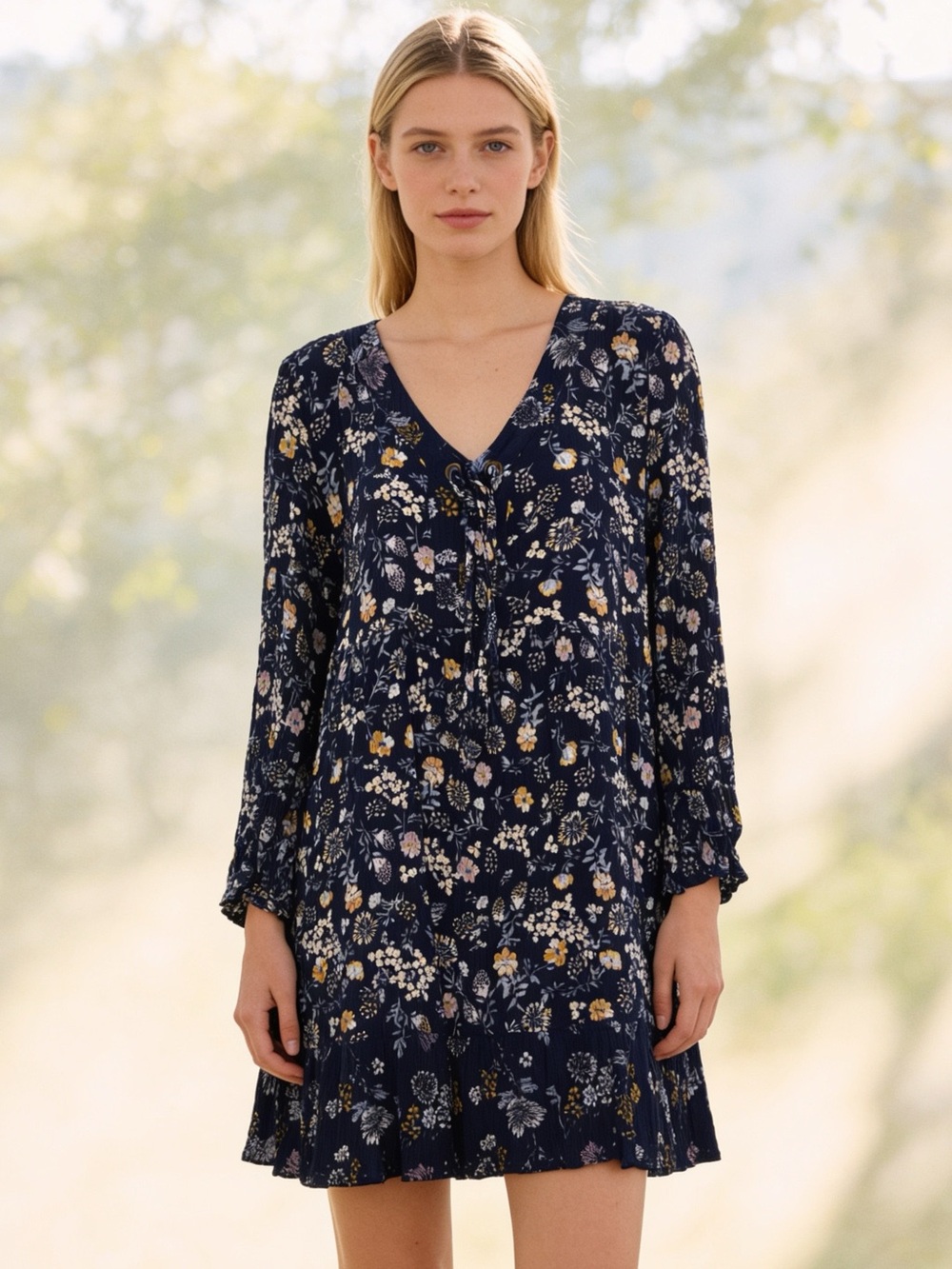 WallFlower Navy Floral Long Sleeve Babydoll Mini Dress Size L